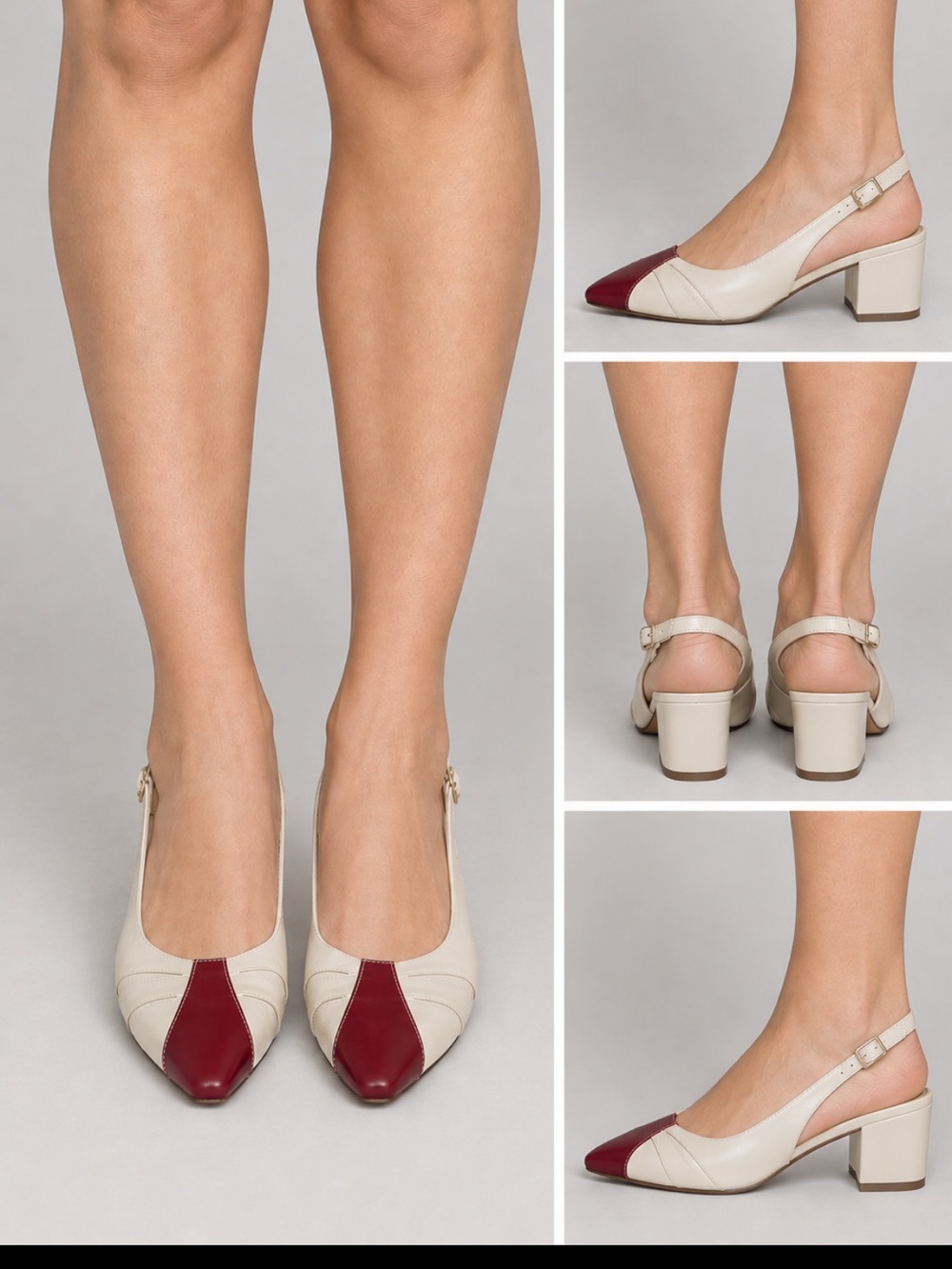 Cream and Burgundy Two-Tone Slingback Heels, leather upper and sole, Italy.